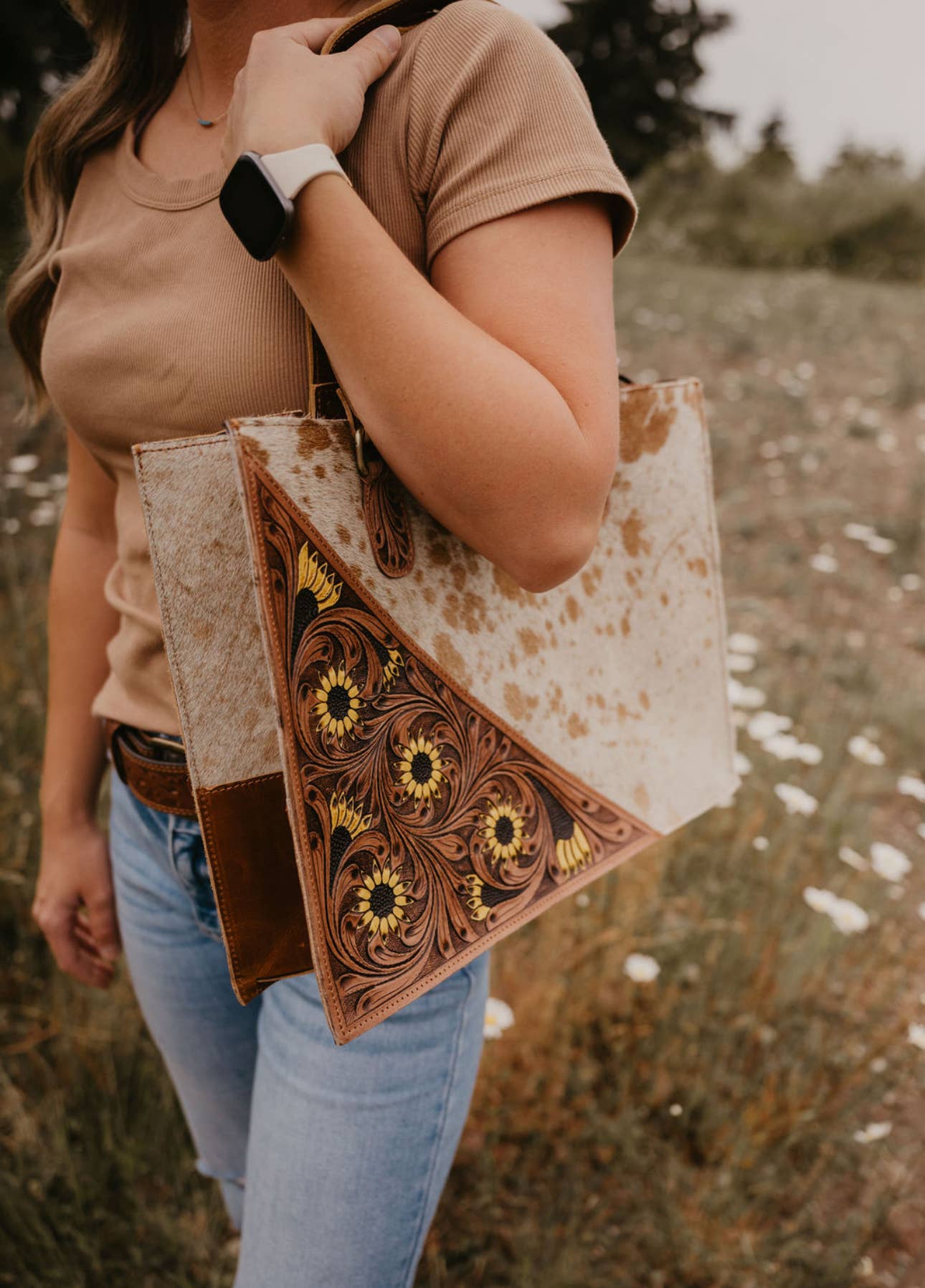 Large leather Sunflower and hide handbag
