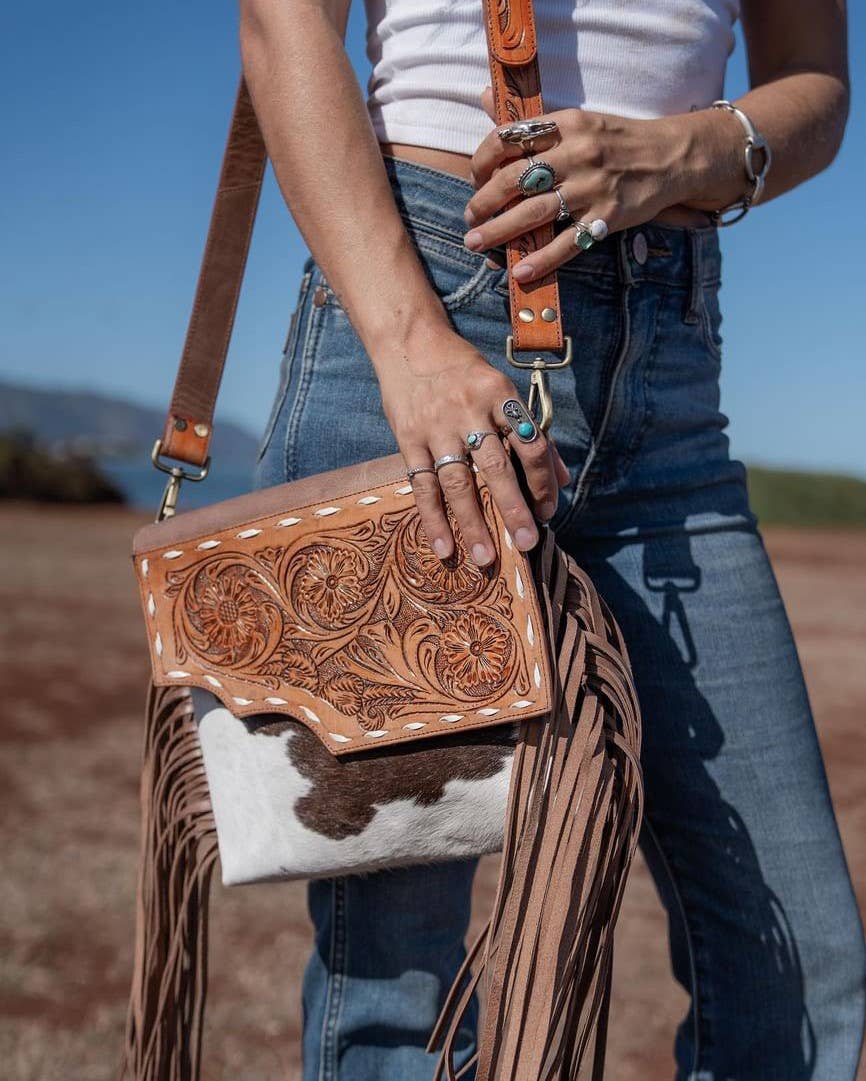Cowhide Western Tooled Leather Fringe Crossbody Purse