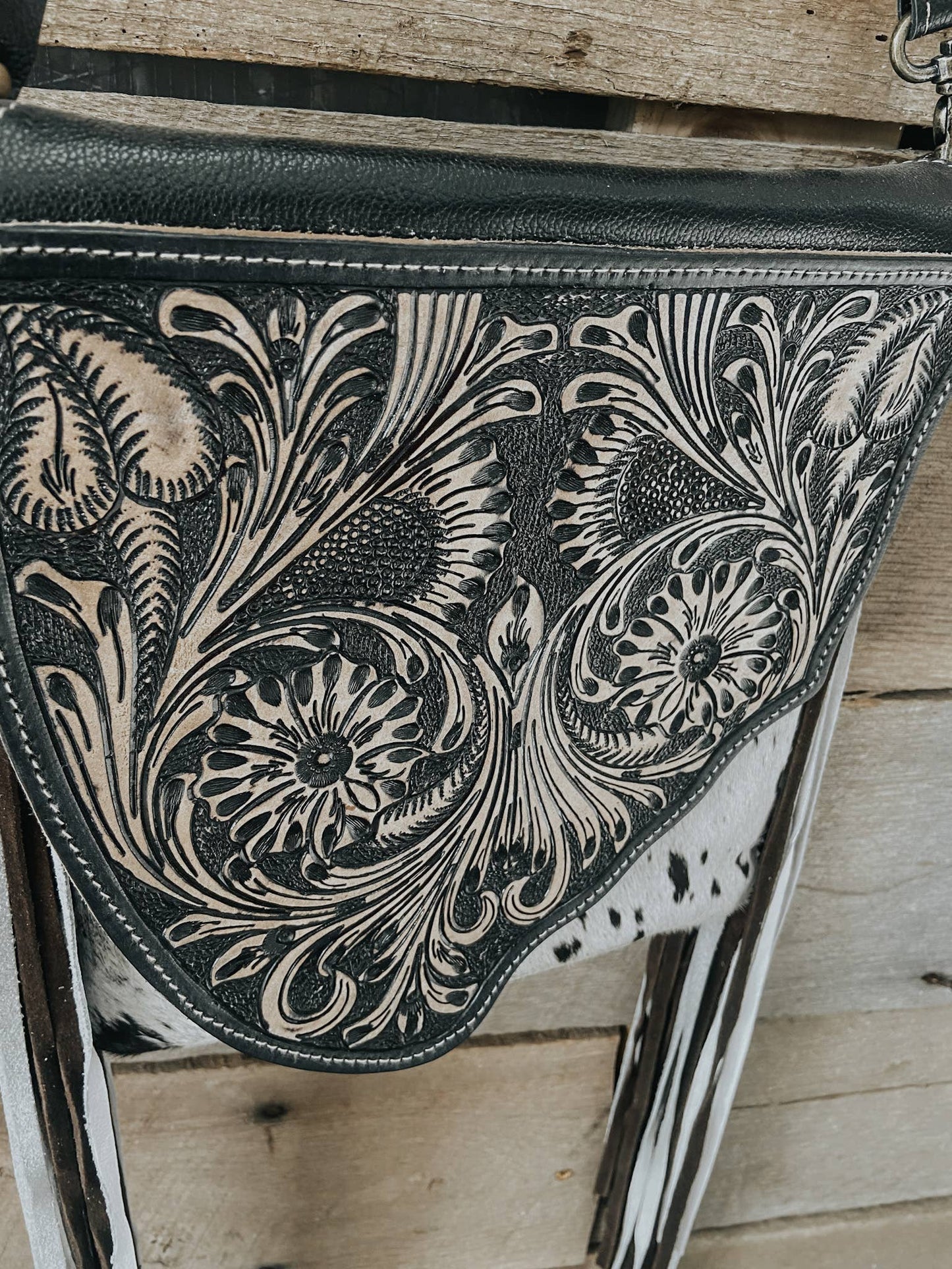 Black Tooled Leather Myra Cowhide Western Bag