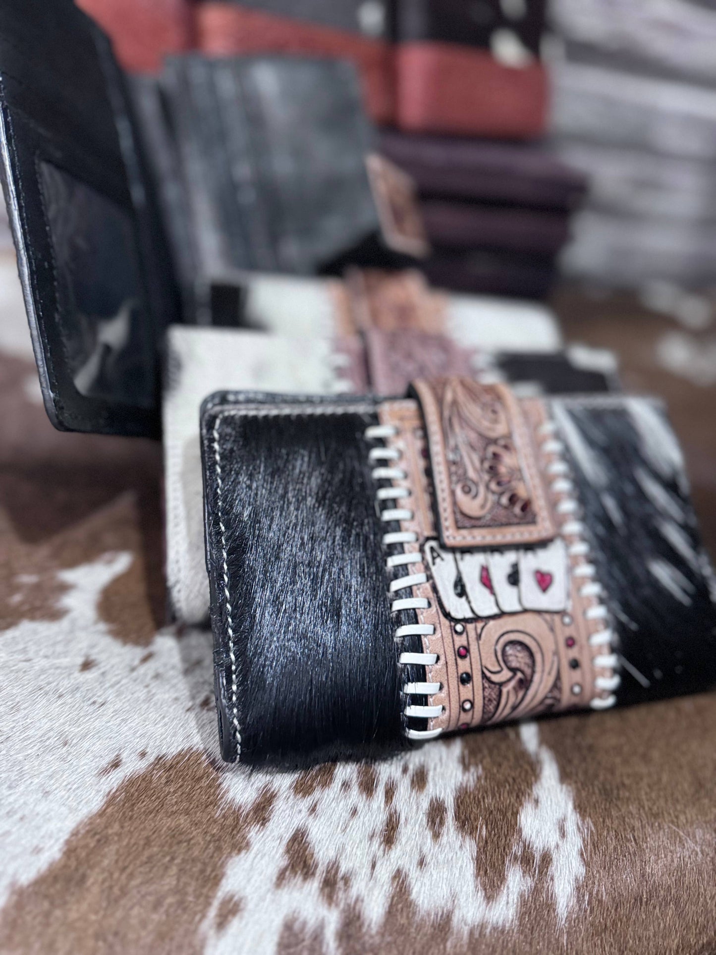 Cowhide aces tooled wallet