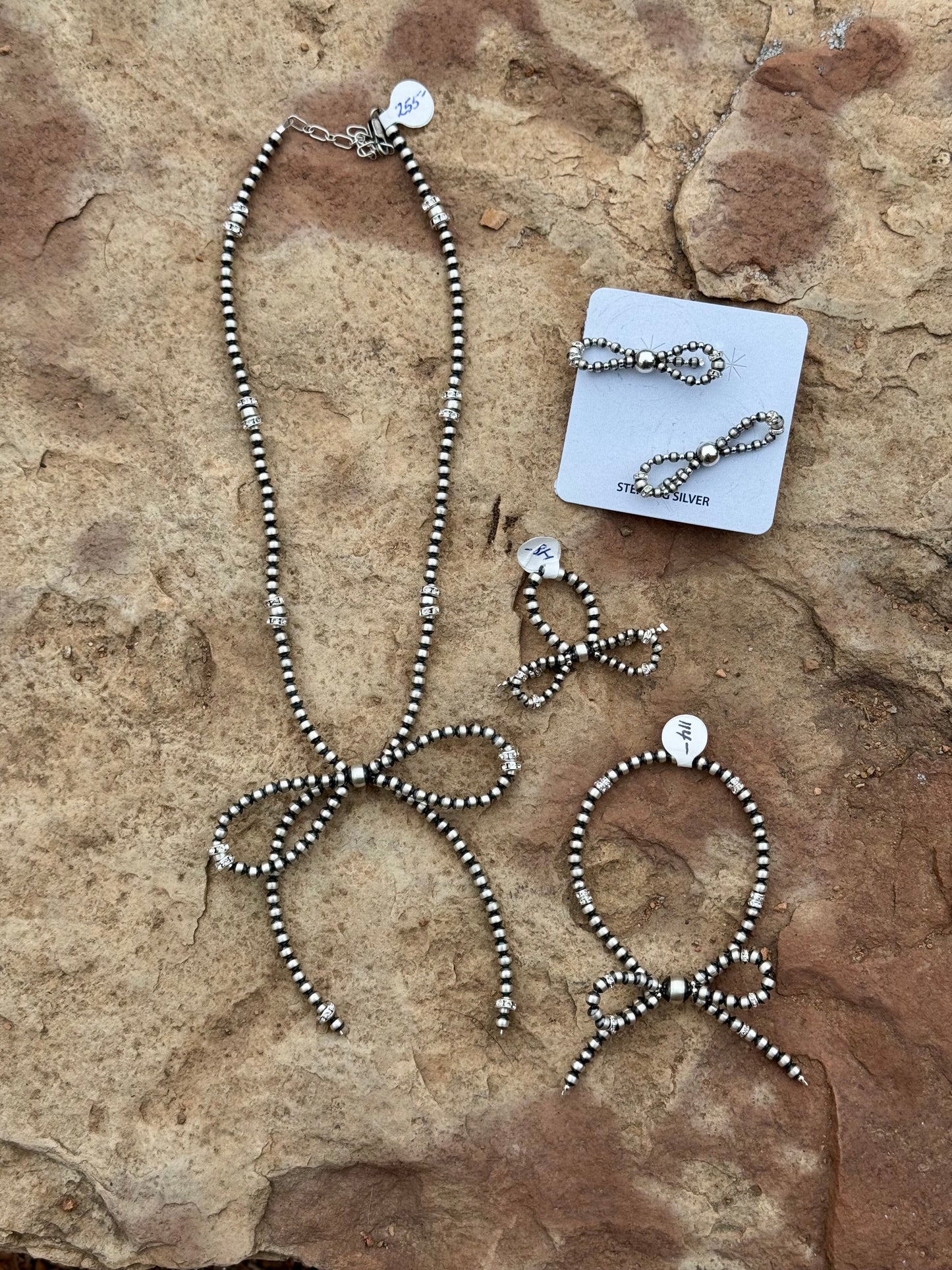 Sterling Silver Bow Ring,Bracelet, & Necklace with Diamond Pearl Accents