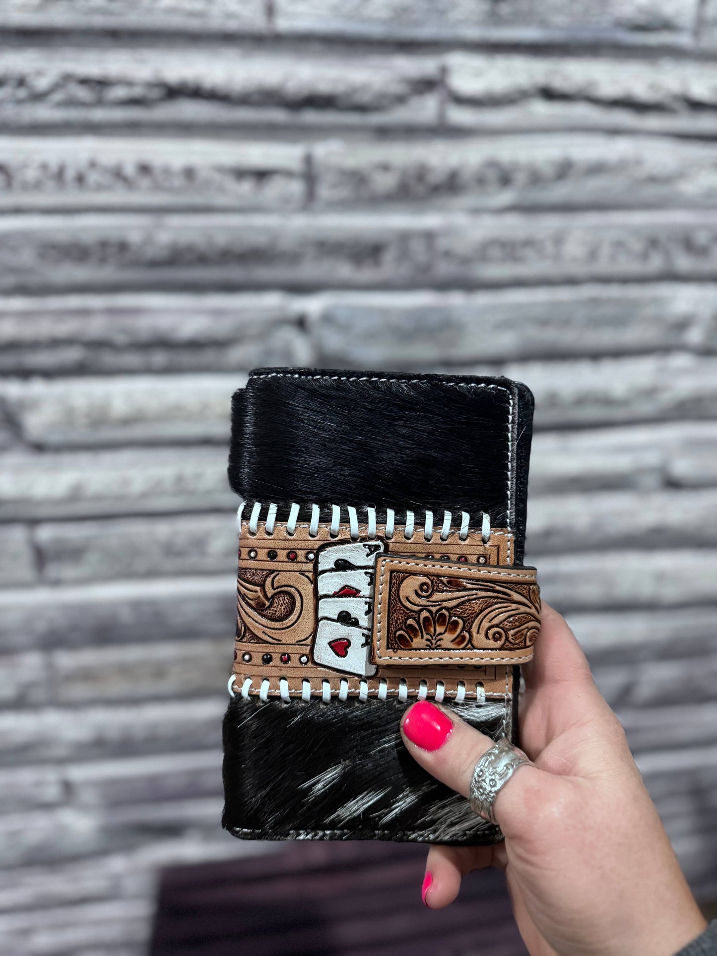 Cowhide aces tooled wallet