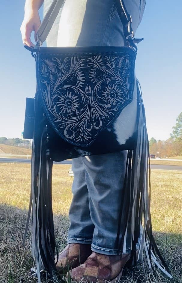 Black Tooled Leather Myra Cowhide Western Bag