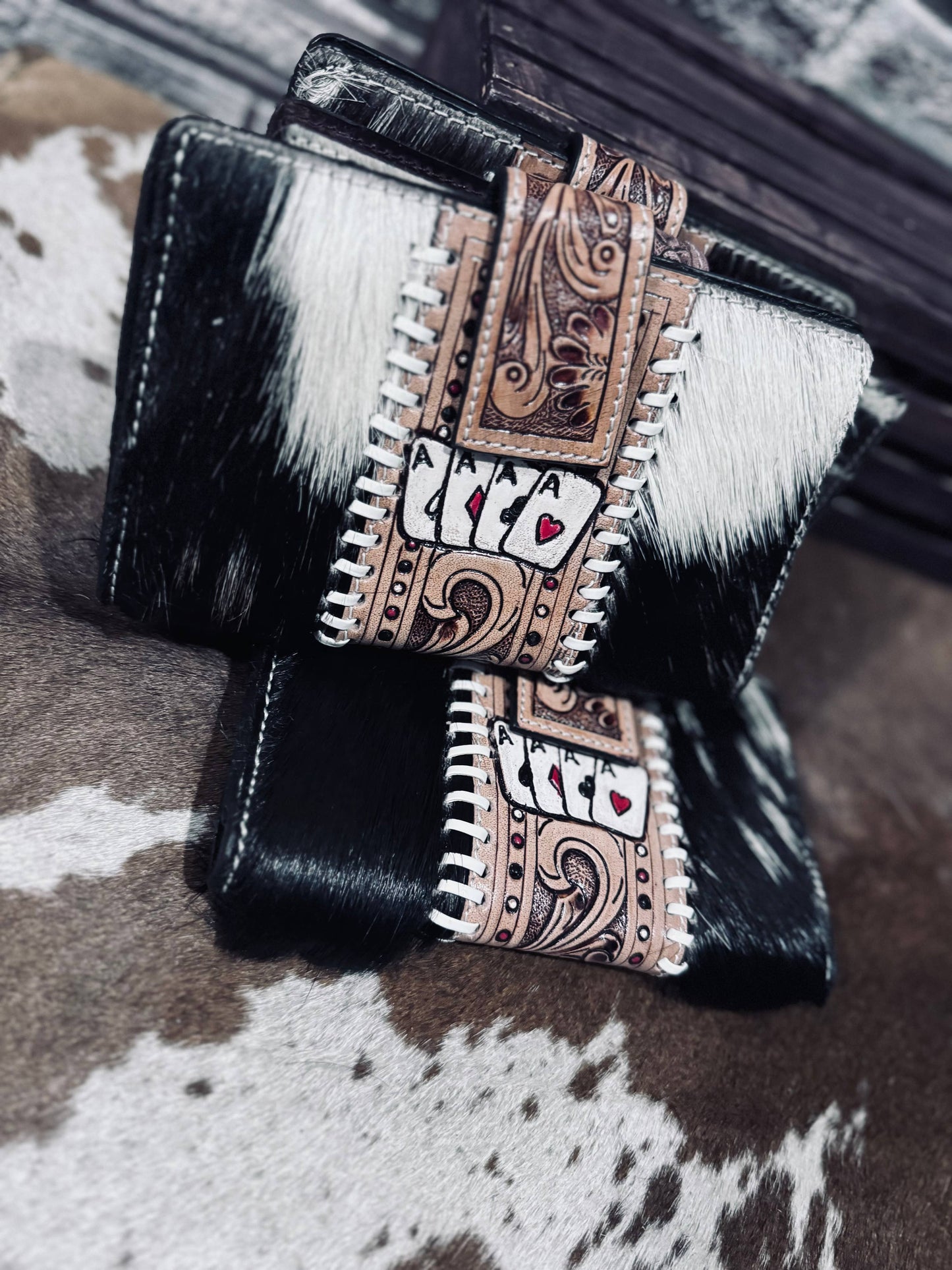 Cowhide aces tooled wallet