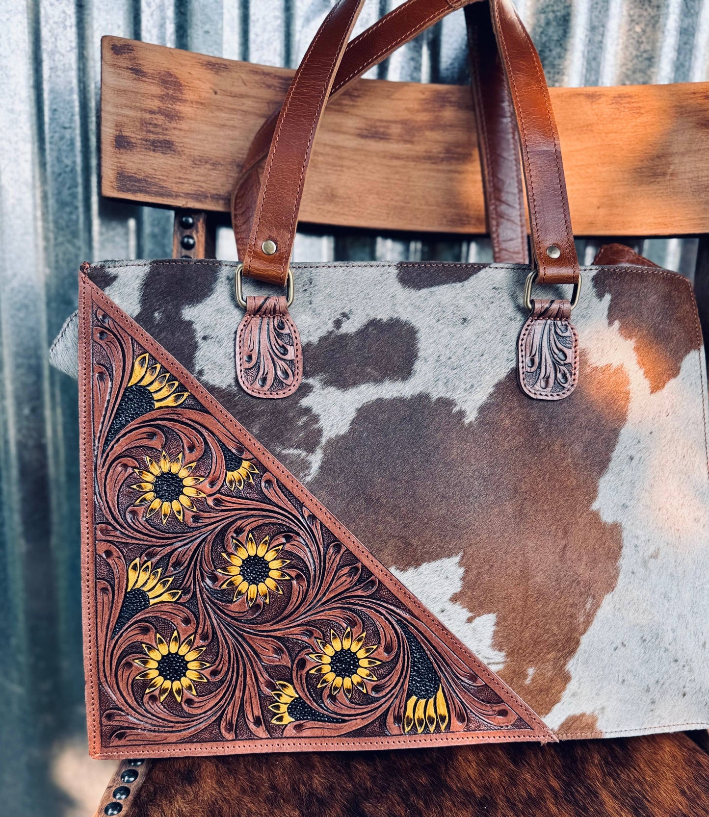 Large leather Sunflower and hide handbag