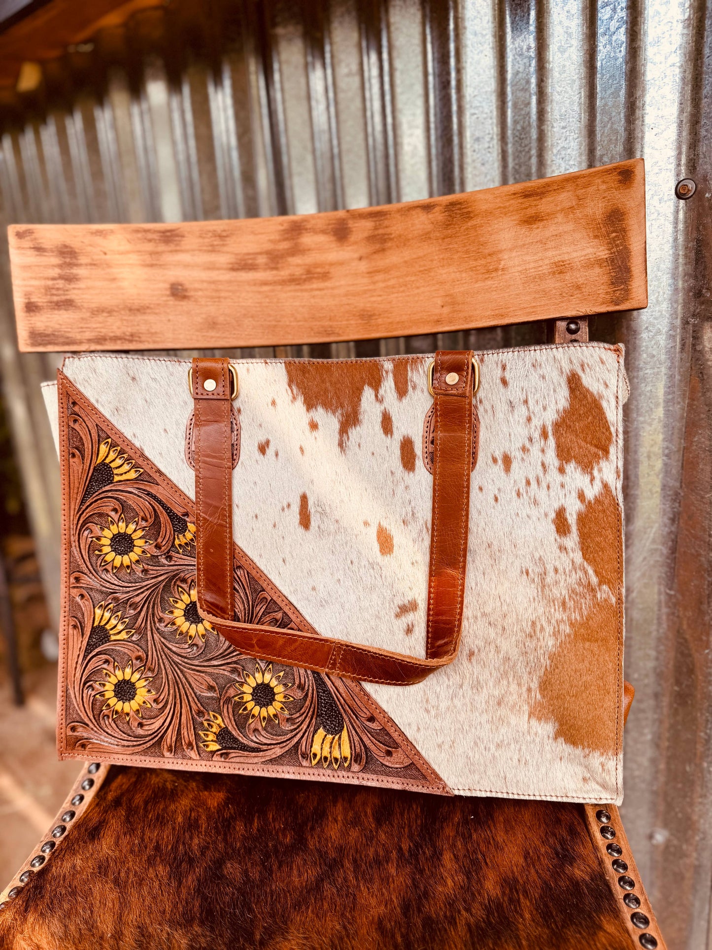 Large leather Sunflower and hide handbag