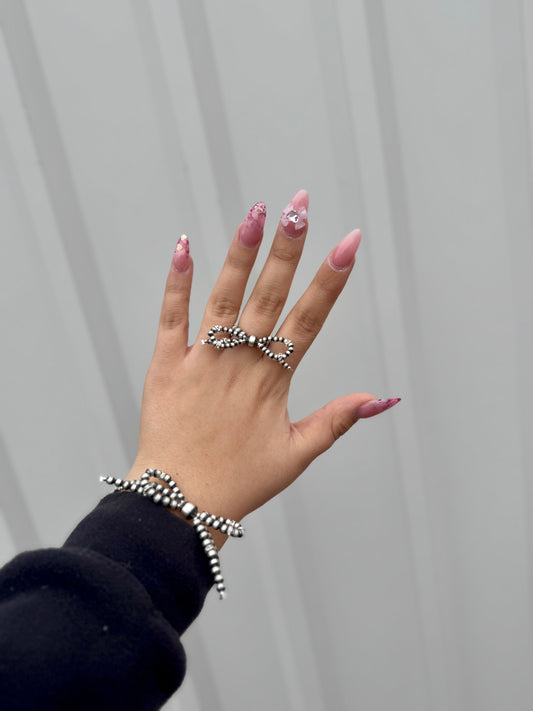 Sterling Silver Bow Ring,Bracelet, & Necklace with Diamond Pearl Accents