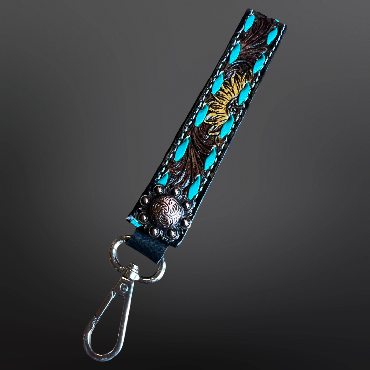 Yellow Sunflower Concho Keychain with Buck Stitching