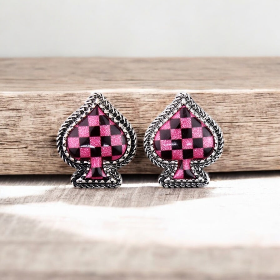 Pink Checker Pattern Spade Stud Earrings