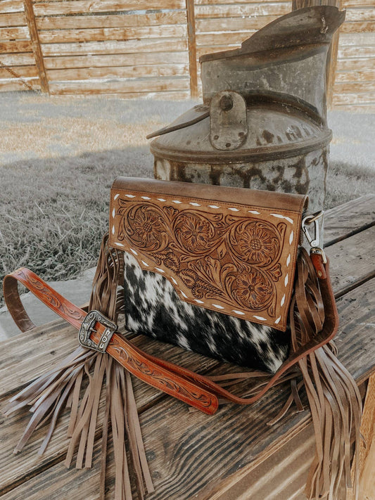 Cowhide Western Tooled Leather Fringe Crossbody Purse