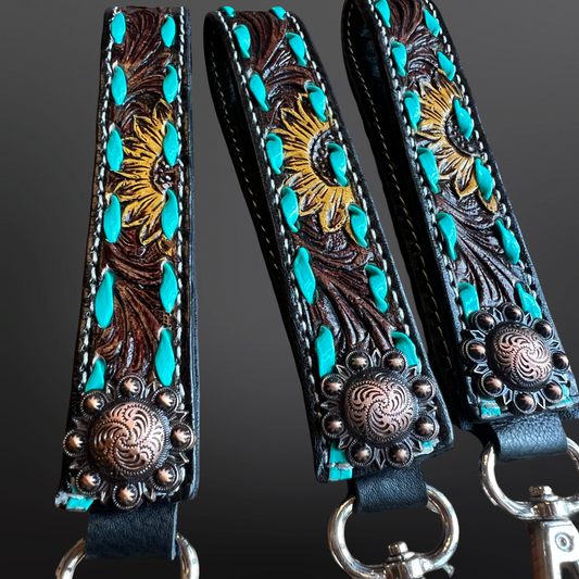 Yellow Sunflower Concho Keychain with Buck Stitching